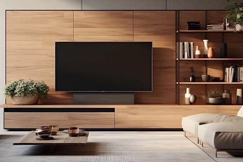 Customised living room TV unit console and modern wall paneling in Gurugram.