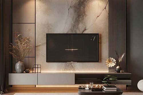Custom TV wall unit with integrated living-room storage by Deluxima