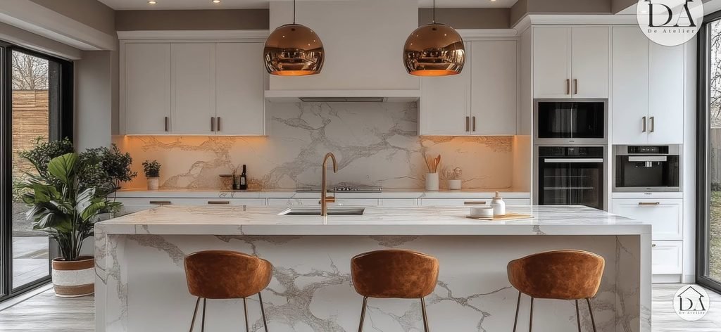 Close-up of modular kitchen cabinet finish and hardware