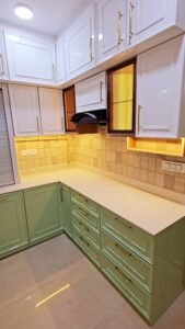 Modular kitchen design featuring customised cabinets and modern finishes in Gurgaon by Gurgaon