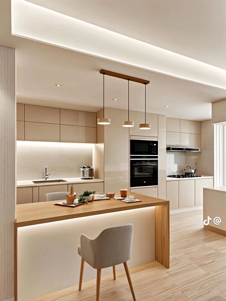 Custom modular kitchen design with coordinated cabinets and functional storage