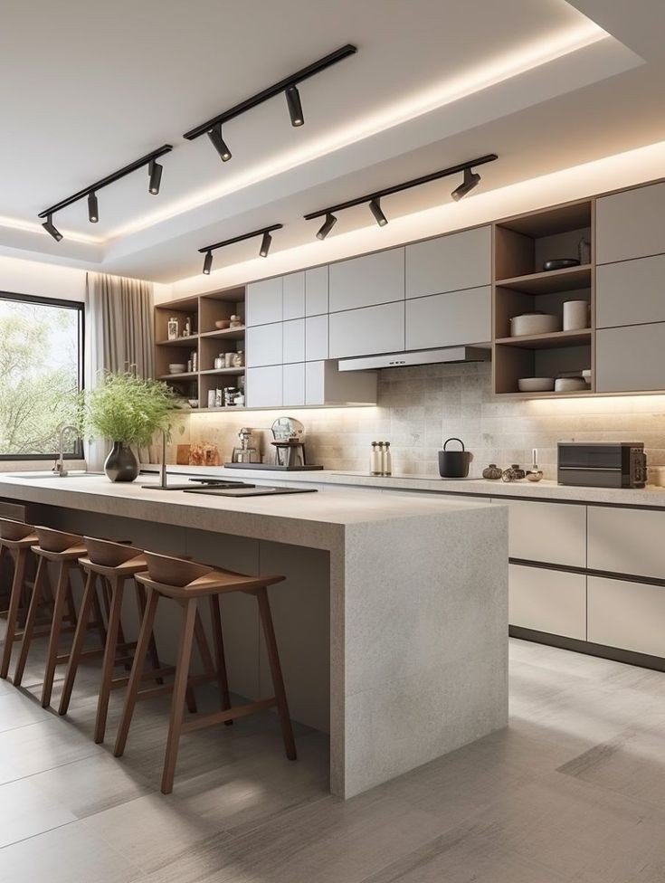 Parallel modular kitchen with opposing counters and cabinet storage Parallel modular kitchen with opposing counters and cabinet storage